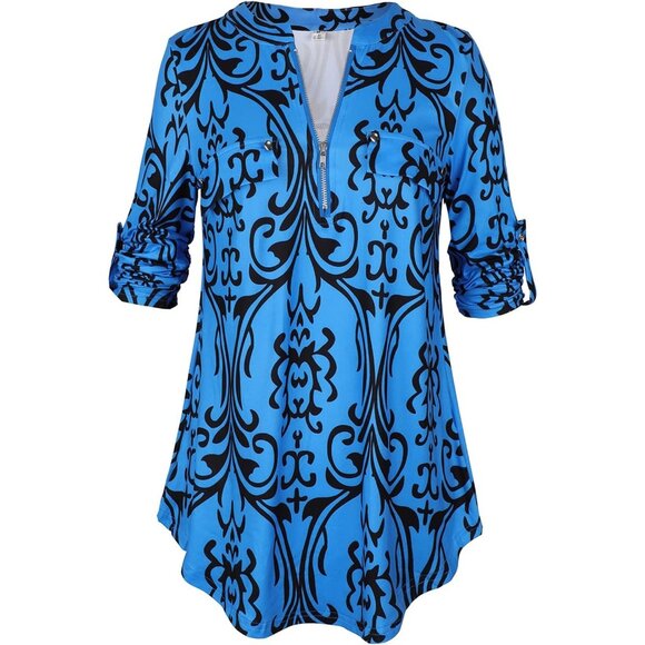 Women's V Neck Zip Cuffed Sleeve Flowy Work Tunic Tops Shirts Blouse - Picture 2 of 4